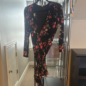 LOFT Black Floral Long Sleeve Dress